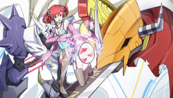 Rule 34 | armor, digimoji, digimon, digimon story: cyber sleuth, highres, horns, omegamon, red hair, shiramine nokia, spikes, sword, twintails, weapon