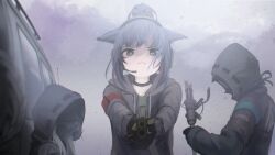 Rule 34 | 1girl, 2others, aiming, aiming at viewer, animal ears, arknights, black choker, black gloves, black jacket, blue hair, car, cat ears, character request, choker, closed mouth, day, doctor (arknights), drawstring, gas mask, gloves, green eyes, gun, headset, highres, holding, holding gun, holding staff, holding weapon, hood, hood down, hood up, hooded jacket, jacket, jessica (arknights), long hair, long sleeves, looking at viewer, mask, motor vehicle, multiple others, outdoors, ponytail, preamy kyuushi, staff, v-shaped eyebrows, weapon