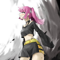 Rule 34 | 1girl, artist request, belt, black eyes, black shirt, black skirt, blush, collarbone, coral (pokemon), creatures (company), eyelashes, floating hair, game freak, hair ornament, highres, knees, looking up, navel, nintendo, off-shoulder shirt, off shoulder, pink hair, pokemon, pokemon (anime), pokemon horizons, shirt, simple background, skirt, sleeves past fingers, sleeves past wrists, smile, solo, twintails, wide hips, wind, yellow belt