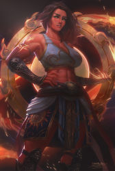 Rule 34 | 1girl, abs, absurdres, arm guards, armband, armor, bare shoulders, blue shirt, breasts, brown hair, cleavage, clenched hand, commentary, commission, crop top, dark skin, dark-skinned female, english commentary, hand on own hip, highres, large breasts, long hair, looking at viewer, midriff, muscular, muscular female, original, parted lips, paul nong, pelvic curtain, shin guards, shirt, skirt, solo, standing, tan, tank top, warrior, yellow eyes