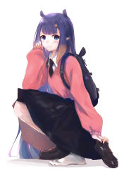 Rule 34 | 1girl, alternate costume, animal ears, backpack, bag, black skirt, blue eyes, blush, brown footwear, closed mouth, gradient hair, hair ornament, highres, holding, holding shoes, hololive, hololive english, loafers, long hair, long skirt, long sleeves, looking at viewer, multicolored hair, necktie, ninomae ina&#039;nis, pleated skirt, pointy ears, purple hair, shirt, shoes, simple background, single shoe, skirt, solo, tallgeese (lgeesel), tentacle hair, tentacles, two-tone hair, very long hair, virtual youtuber, white background, white legwear, white shirt