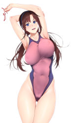 Rule 34 | 1girl, armpits, arms up, bare shoulders, blue eyes, breasts, brown hair, collarbone, commentary, competition swimsuit, covered erect nipples, unworn eyewear, fingernails, glasses, gluteal fold, hair ornament, hairband, highleg, highleg swimsuit, highres, large breasts, lips, long hair, looking at viewer, makinami mari illustrious, neon genesis evangelion, one-piece swimsuit, open mouth, rebuild of evangelion, red-framed eyewear, simple background, smile, solo, swimsuit, teeth, thighs, two-tone swimsuit, white background, zucchini
