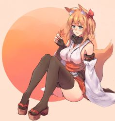 Rule 34 | 1girl, :d, animal ear fluff, animal ears, bare shoulders, beige background, black collar, black scarf, black thighhighs, blush, bow, breasts, collar, commentary, detached sleeves, english commentary, flag background, fox ears, fox girl, fox tail, full body, green eyes, hair between eyes, hair bow, hair ornament, holding, holding leaf, japanese clothes, japanese flag, large breasts, leaf, long hair, long sleeves, looking at viewer, looking away, maple leaf, obi, open mouth, orange hair, original, red background, red bow, red sash, red skirt, sandals, sash, sawaya (mizukazu), scarf, simple background, sitting, skirt, sleeves past fingers, sleeves past wrists, smile, solo, tail, thighhighs