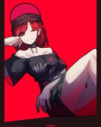 Rule 34 | 1girl, ;), black hat, black shirt, choker, closed mouth, clothes writing, collarbone, corporalblake, hat, hecatia lapislazuli, highres, legs, looking at viewer, off-shoulder shirt, off shoulder, one eye closed, pillarboxed, red background, red hair, ringed eyes, shirt, short hair, signature, smile, solo, touhou