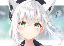 1girl absurdres animal_ear_fluff animal_ears beret black_bow black_hat blush bow braid commentary earrings extra_ears fox_ears fox_girl green_eyes hair_between_eyes hair_bow hat highres hololive jewelry long_hair looking_at_viewer official_alternate_costume portrait shirakami_fubuki shirakami_fubuki_(street) sidelocks signature single_braid sirogami_0614 smile solo translated virtual_youtuber white_hair