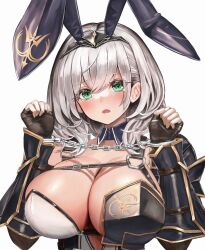 Rule 34 | 1girl, animal ears, armor, breasts, brown gloves, chain, cleavage, commentary, cuffs, fake animal ears, fingerless gloves, gloves, green eyes, handcuffs, highres, hololive, large breasts, looking at viewer, maison de cante, medium hair, mole, mole on breast, open mouth, rabbit ears, shirogane noel, shirogane noel (1st costume), simple background, solo, symbol-only commentary, tears, upper body, virtual youtuber, white background