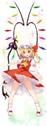 Rule 34 | 1girl, absurdres, ascot, bare legs, blonde hair, bow, collared shirt, crystal, efe, fang, flandre scarlet, footwear bow, frilled skirt, frills, full body, hair between eyes, hat, hat ribbon, highres, holding, laevatein, long hair, looking at viewer, miniskirt, mob cap, one side up, open mouth, puffy short sleeves, puffy sleeves, red bow, red eyes, red ribbon, red skirt, red vest, ribbon, shirt, shoes, short sleeves, skirt, skirt set, smile, solo, standing, touhou, vest, white footwear, white shirt, wing collar, wings, yellow ascot