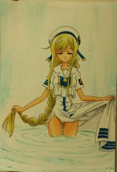 Rule 34 | 1girl, absurdres, alicia florence, aria (manga), ashigaki radar, blonde hair, blue background, bow, braid, breasts, closed eyes, clothes lift, collarbone, dress, dress lift, hat, highres, jacket, long hair, medium breasts, panties, sailor hat, short sleeves, smile, sparkle, standing, two-tone background, underwear, wading, water, white background, white dress, white headwear, white jacket, yellow panties