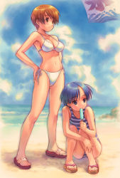 Rule 34 | 2girls, beach, bikini, blue eyes, blue hair, breasts, brown eyes, brown hair, cleavage, day, food, goto p, hands on own hips, medium breasts, multiple girls, navel, one-piece swimsuit, outdoors, popsicle, sandals, short hair, squatting, striped, swimsuit