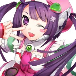 Rule 34 | 1girl, bad id, bad pixiv id, fang, hat, headphones, heart, heart-shaped pupils, lowres, one eye closed, purple eyes, purple hair, smile, solo, symbol-shaped pupils, tone rion, transparent background, v, vocaloid, wink, yamano uzura
