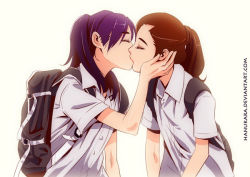 Rule 34 | 2girls, backpack, bag, be with me, brown hair, closed eyes, hanning in, kiss, multiple girls, purple hair, school bag, school uniform, touching another&#039;s chin, yuri