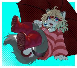 Rule 34 | 1girl, absurdres, animal ears, bike shorts, blonde hair, blue background, blue eyes, blush, body fur, boots, border, candy, child, claws, dog ears, dog tail, female focus, food, furry, furry female, grey fur, hair between eyes, hair ornament, hairclip, halftone, highres, koishi chikasa, laika (rai-rai), lollipop, open mouth, original, outside border, red footwear, red skirt, short ponytail, shorts, shorts under skirt, skirt, solo, striped clothes, striped sweater, sweater, tail, teeth, umbrella, whiskers, white border, x hair ornament