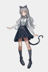 Rule 34 | 1girl, animal ears, ankle boots, arm up, black footwear, black socks, blue skirt, boots, breasts, cat ears, cat tail, contrapposto, expressionless, fjsmu, full body, grey background, head tilt, highres, kneehighs, long hair, long sleeves, looking at viewer, neck ribbon, original, platform footwear, purple eyes, ribbon, shirt, silver hair, simple background, skirt, small breasts, socks, solo, standing, suspender skirt, suspenders, tail, very long hair, white shirt, wing collar