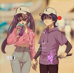 Rule 34 | 1boy, 1girl, baseball cap, battery indicator, black eyes, black hair, black pants, bubble tea, commentary, contemporary, couple, cup, denim, drawing sword, drinking straw, drinking straw in mouth, english commentary, genshin impact, hat, hetero, highres, holding, holding cup, holding hands, holding sword, holding weapon, hood, hoodie, human scabbard, jeans, koffiiibeanz, looking at viewer, midriff peek, mona (genshin impact), no pupils, pants, pink hoodie, purple eyes, purple hair, recording, scaramouche (genshin impact), scowl, sunglasses, sword, twintails, twitter username, walking, weapon