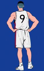 Rule 34 | 1boy, basketball, basketball jersey, basketball uniform, black hair, blue background, commentary request, cornchi, facing away, from behind, full body, hands on own hips, highres, korean commentary, male focus, sawakita eiji, shoes, shorts, simple background, slam dunk (series), solo, sportswear, standing, white footwear, white shorts