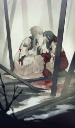 Rule 34 | 2girls, bare shoulders, black footwear, blonde hair, blood, blood on clothes, blood on face, blue neckwear, boots, bow, breasts, closed mouth, collar, detached sleeves, dress, grey eyes, grey hair, hair between eyes, hair ornament, hair tubes, hakurei reimu, hand on another&#039;s face, hand up, highres, huang gua, long sleeves, looking at another, medium breasts, multiple girls, no headwear, puffy sleeves, purple eyes, purple vest, red bow, red dress, seiza, short hair, short hair with long locks, sitting, tabard, touhou, vest, water, white dress, wide sleeves, yakumo yukari
