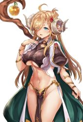 Rule 34 | 1girl, apple, blonde hair, blue eyes, breasts, cape, commentary request, flower, food, fruit, green cape, hair between eyes, hair flower, hair ornament, highres, himuro shunsuke, holding, horns, large breasts, long hair, navel, no panties, open mouth, original, pelvic curtain, pointy ears, puffy short sleeves, puffy sleeves, short sleeves, staff, standing, underboob