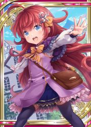Rule 34 | 1girl, :d, age regression, aged down, akkijin, bag, blue eyes, blue sky, card (medium), cloud, hair ornament, house, official art, open mouth, outstretched arms, purple thighhighs, red hair, ribbon, shinkai no valkyrie, sky, smile, spread arms, striped ribbon, thighhighs, uniform, yellow ribbon