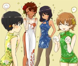 Rule 34 | 10s, 4girls, alternate costume, baozi, black hair, black legwear, blue dress, blush, brown eyes, brown hair, china dress, chinese clothes, cleavage cutout, clothing cutout, cowboy shot, dark skin, dark-skinned female, dress, closed eyes, floral print, food, freckles, frown, girls und panzer, green eyes, green shirt, green shorts, hair ornament, hand on own hip, holding, holding food, hoshino (girls und panzer), long dress, long sleeves, looking at another, multiple girls, nakajima (girls und panzer), oimo mushi, pantyhose, shirt, short dress, short hair, short shorts, short twintails, shorts, side slit, sleeveless, sleeveless dress, smile, sparkle, standing, suzuki (girls und panzer), sweatdrop, thought bubble, tsuchiya (girls und panzer), twintails, very short hair, white dress, yellow background, yellow dress