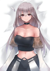 Rule 34 | 1girl, ahoge, bare shoulders, black shirt, black skirt, blush, breasts, brown eyes, choker, cleavage, closed mouth, commentary, detached sleeves, grey hair, hair between eyes, head wings, large breasts, light blush, long hair, long sleeves, looking at viewer, midriff, navel, neonbeat, shirt, signature, skirt, sleeves past wrists, smile, solo, standing, upper body, wings