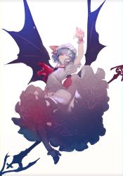 Rule 34 | 1girl, absurdres, ascot, bad id, bad twitter id, bat wings, blue hair, bow, brooch, frills, hat, hat bow, high heels, highres, jewelry, mob cap, mohyunn, nail polish, polearm, red ascot, red bow, red eyes, remilia scarlet, short hair, short sleeves, simple background, smile, socks, solo, spear, spear the gungnir, touhou, weapon, white background, white hat, wings