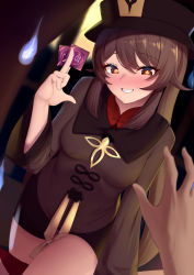 Rule 34 | 1girl, black coat, black hat, black shorts, blush, breasts, brown hair, coat, coattails, condom, condom wrapper, dearonnus, genshin impact, hat, highres, hu tao (genshin impact), long hair, long sleeves, looking at viewer, red eyes, shorts, small breasts, solo, symbol-shaped pupils, thighs, twintails, very long hair