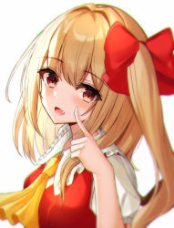 Rule 34 | 1girl, 7saki, ascot, bad id, bad pixiv id, blonde hair, blush, fang, flandre scarlet, hair ribbon, highres, long hair, looking at viewer, open mouth, red ribbon, ribbon, simple background, solo, touhou, upper body, white background, yellow ascot