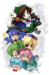 Rule 34 | &gt;:), 6+girls, :d, @ @, arm cannon, black sun, black thighhighs, blonde hair, blue hair, bow, brown hair, cannon, chibi, cirno, daiyousei, dogpile, dress, dying message, esythqua, everyone, green hair, hair bow, hair ribbon, hat, highres, hinanawi tenshi, long hair, looking at viewer, multiple girls, mystia lorelei, open mouth, outstretched arms, pink hair, red eyes, reiuji utsuho, ribbon, rumia, shinanawi tenshi, short hair, smile, speech bubble, spread arms, sun, team 9 (touhou), thighhighs, third eye, touhou, v-shaped eyebrows, very long hair, weapon, wings, wriggle nightbug