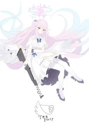 Rule 34 | 1girl, angel wings, black footwear, blue archive, blue ribbon, capelet, crescent, dress, feathered wings, floating, floating hair, flower, footwear ribbon, frilled skirt, frills, full body, gun, hair bun, hair flower, hair ornament, halo, highres, holding, holding gun, holding own arm, holding weapon, lanchester smg, light blush, long hair, looking at viewer, mika (blue archive), nm7x7, pink hair, purple flower, ribbon, scrunchie, sidelocks, simple background, single hair bun, skirt, smile, solo, star (symbol), submachine gun, very long hair, weapon, white background, white dress, white legwear, white wings, wings, wrist scrunchie, yellow eyes
