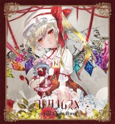Rule 34 | 1girl, adapted costume, blonde hair, border, breasts, character doll, corset, cowboy shot, crystal, embodiment of scarlet devil, english text, flandre scarlet, hair between eyes, hat, hat ribbon, head tilt, jewelry, long hair, looking at viewer, mitsuki kannon, mixed-language commentary, mixed-language text, mob cap, multicolored wings, necklace, one side up, open mouth, puffy short sleeves, puffy sleeves, red border, red eyes, red ribbon, red skirt, red vest, ribbon, shirt, short sleeves, skirt, small breasts, touhou, vest, white headwear, white shirt, wings