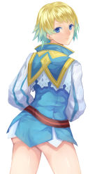 Rule 34 | 1girl, blonde hair, blue eyes, blue hair, closed mouth, commentary request, dress, earrings, fire emblem, fire emblem heroes, fjorm (fire emblem), from behind, gradient hair, highres, jewelry, jurge, long sleeves, looking back, multicolored hair, nintendo, short dress, short hair, simple background, smile, solo, white background