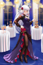 Rule 34 | 1girl, alternate costume, arthur ko, black footwear, black pantyhose, blurry, blurry background, blush, closed mouth, cocktail glass, cup, dress, drinking glass, flower, full body, grey hair, hair ribbon, headgear, high heels, highres, holding, holding cup, kantai collection, long hair, long sleeves, murakumo (kancolle), one eye closed, pantyhose, purple dress, red flower, red ribbon, red rose, ribbon, rose, solo, standing, tress ribbon, twitter username, yellow eyes