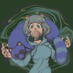 Rule 34 | 1girl, abstract background, alternate costume, animal, animal ears, animal nose, animal on shoulder, black choker, blue hoodie, bob cut, breasts, blowing bubbles, chewing gum, choker, commentary, covered mouth, drawstring, floating hair, green background, grey eyes, hands up, highres, hood, hood down, hoodie, large breasts, leaf, leaf on head, long sleeves, looking at viewer, mask, mask pull, mode aim, mouth mask, ponpoko (vtuber), raccoon ears, raccoon girl, short hair, solo, tanuki, upper body, uyakan, virtual youtuber, w arms