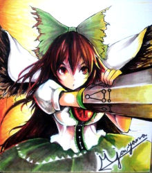 Rule 34 | 1girl, arm cannon, bird wings, black wings, bow, breasts, brown eyes, brown hair, cape, commentary request, control rod, cowboy shot, green bow, green skirt, hair between eyes, hair bow, jonasan (bad-t), large breasts, long hair, looking to the side, open mouth, puffy short sleeves, puffy sleeves, reiuji utsuho, shikishi, shirt, short sleeves, signature, skirt, solo, third eye, touhou, traditional media, weapon, white cape, white shirt, wings