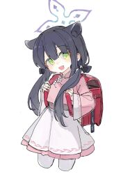 Rule 34 | 1girl, animal ears, backpack, bag, black hair, blue archive, blue halo, blush, green eyes, halo, long hair, long sleeves, looking at viewer, open mouth, osakanadream, pantyhose, pink shirt, pleated skirt, randoseru, shirt, shun (blue archive), shun (small) (blue archive), simple background, skirt, smile, solo, two side up, white background, white pantyhose, white skirt