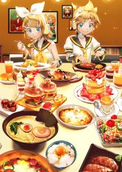 Rule 34 | 1boy, 1girl, bare shoulders, bass clef, blonde hair, blouse, blue eyes, bookshelf, bow, bowl, brother and sister, burger, cake, clam, commentary, cream, cup, detached sleeves, drinking glass, eating, egg, egg yolk, fish (food), food, food focus, fork, french fries, fruit, green hair, hair bow, hair ornament, hairclip, hatsune miku, headphones, headset, highres, holding, holding fork, holding knife, holding spoon, ice cream, indoors, juice, kagamine len, kagamine rin, knife, meat, mousse (food), neck ribbon, necktie, nigirizushi, noodles, nori (seaweed), pancake, pasta, photo (object), plate, pudding, puffy short sleeves, puffy sleeves, ramen, ribbon, rice, sailor collar, saucer, sawashi (ur-sawasi), shirt, short hair, short sleeves, shrimp, siblings, sleeveless, sleeveless shirt, smile, souffle (food), souffle pancake, soup, spaghetti, sparkle, spiked hair, spoon, steak, strawberry, suna no wakusei (vocaloid), sundae, sushi, takoyaki, tomato, treble clef, twins, vocaloid, wafer stick, wasabi, white bow, white shirt, yellow neckwear