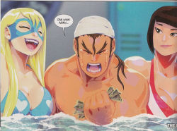 Rule 34 | 1boy, 2girls, ^ ^, adapted costume, ahoge, bandages, bandaged head, bandages, bikini, blonde hair, breasts, brown hair, cleavage, closed eyes, cropped, closed eyes, facial mark, girl sandwich, hair down, happy tears, hibiki dan, hot tub, large breasts, lipstick, makeup, money, multiple girls, rainbow mika, sandwiched, smirk, street fighter, street fighter v, swimsuit, tears, thick eyebrows, udon entertainment, whisker markings, wrestling mask, yamato nadeshiko (street fighter)