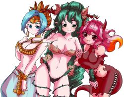 Rule 34 | 3girls, artist request, blue eyes, blue hair, character request, cleavage, copyright request, curly hair, drill hair, fang, green eyes, green hair, headgear, holding own arm, horns, jewelry, leaf, long hair, long pointy ears, looking at viewer, multiple girls, navel, pink hair, pointy ears, red eyes, simple background, smile, thorns, very long hair, white background