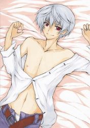 Rule 34 | 1boy, akise aru, bad id, bad pixiv id, bed, looking at viewer, lying, male focus, mirai nikki, nerujorlet, on back, on bed, open clothes, open fly, open shirt, red eyes, shirt, solo, unzipped, white hair