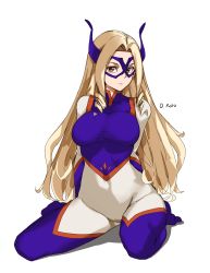 Rule 34 | 1girl, arms behind back, artist name, blonde hair, bodysuit, boku no hero academia, breasts, covered navel, expressionless, full body, highres, large breasts, leotard, long hair, looking at viewer, mask, mount lady, oliver koito, orange eyes, parted bangs, simple background, sitting, skin tight, solo, straight hair, wariza, white background