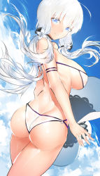 Rule 34 | 1girl, :d, ahoge, arm at side, arm strap, ass, azur lane, back, bare shoulders, bikini, black bow, blue eyes, blue sky, bow, breasts, butt crack, choker, cloud, cloudy sky, cowboy shot, day, flower, from behind, hair between eyes, hair bow, hair flower, hair ornament, hat, highres, holding, holding clothes, holding hat, horz, illustrious (azur lane), jewelry, lace-trim, lace-trimmed bow, lace-trimmed choker, lace trim, large breasts, legs together, long hair, looking at viewer, looking back, low twintails, o-ring, o-ring bikini, o-ring bottom, open mouth, outdoors, ring, sideboob, sky, smile, solo, swimsuit, teeth, twintails, twisted torso, unworn hat, unworn headwear, wedding band, white bikini, white choker, white flower, white hair