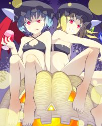 Rule 34 | 2girls, :p, :q, alcohol, alternate costume, bare legs, bare shoulders, barefoot, blonde hair, blue hair, bottomless, cup, drinking glass, face, feet, female focus, flandre scarlet, flat chest, grimace, grin, halloween, highres, jack-o&#039;-lantern, multiple girls, naughty face, ossan 331, pumpkin, raised eyebrow, red eyes, remilia scarlet, short hair, siblings, side ponytail, sisters, sitting, smile, teeth, tongue, tongue out, touhou, wine, wings