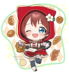 Rule 34 | 1girl, ;), animal hood, apron, aqua eyes, artist name, artist request, basket, black corset, black legwear, blue eyes, blush, boots, bow, braid, bread, bread slice, breasts, brown hair, capelet, carrying, chibi, cleavage, collarbone, corset, cross-laced clothes, cross-laced dress, detached sleeves, dress, dress bow, emma verde, female focus, flower, flower print, food, freckles, frilled legwear, frilled skirt, frills, full body, hair between eyes, hair bow, hair over shoulder, hair tie, holding, holding basket, hood, hood up, hoodie, innocent little red riding hood (love live!), jewelry, long hair, looking at viewer, love live!, love live! nijigasaki high school idol club, love live! school idol festival, love live! school idol festival all stars, medium breasts, miniskirt, necklace, one eye closed, parted lips, pearl necklace, plaid, plaid dress, plaid skirt, pleated, pleated dress, pleated skirt, puffy short sleeves, puffy sleeves, reaching, reaching towards viewer, red bow, red capelet, red dress, red hair, red hood, little red riding hood (grimm), red skirt, short sleeves, skirt, smile, solo, standing, standing on one leg, striped, twin braids, twintails, white apron, white bow, white dress, white flower, white footwear, wink