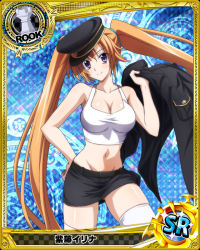 Rule 34 | 1girl, bare shoulders, breasts, card (medium), chess piece, cleavage, collarbone, cowboy shot, gluteal fold, hair between eyes, hat, high school dxd, holding, holding clothes, large breasts, long hair, looking at viewer, midriff, navel, official art, purple eyes, rook (chess), shidou irina, skirt, sleeveless, smile, solo, standing, thighhighs, twintails, uniform, very long hair