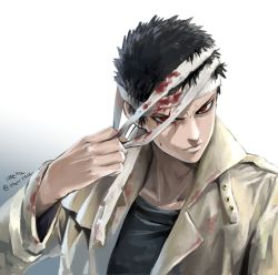 Rule 34 | 1boy, bad id, bad pixiv id, bandages, black hair, blood, coat, indesign, long coat, male focus, manly, one-punch man, red eyes, short hair, solo, zombieman