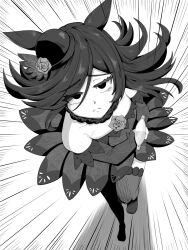 Rule 34 | 1girl, absurdres, animal ears, bare shoulders, commentary, dress, eyes visible through hair, fascinator, flipped hair, flower, foreshortening, full body, greyscale, hat, hat flower, highres, holding, holding weapon, horse ears, horse girl, hu-min (okok6341), incoming attack, lace, lace-trimmed dress, lace trim, long hair, long sleeves, looking at viewer, monochrome, off-shoulder dress, off shoulder, rice shower (umamusume), rose, sanpaku, solo, speed lines, swept bangs, thighhighs, tilted headwear, umamusume, weapon
