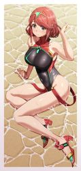 Rule 34 | black one-piece swimsuit, breasts, chest jewel, competition swimsuit, covered collarbone, gem, headpiece, large breasts, one-piece swimsuit, pyra (pro swimmer) (xenoblade), pyra (xenoblade), red eyes, red hair, red one-piece swimsuit, ribbed swimsuit, short hair, solo, strapless, strapless one-piece swimsuit, swept bangs, swimsuit, tiara, tsukamoto kensuke, two-tone swimsuit, xenoblade chronicles (series), xenoblade chronicles 2