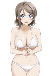 Rule 34 | 1girl, barkhorn0331, bikini, blue eyes, breasts, collarbone, embarrassed, grey hair, highres, large breasts, looking at viewer, love live!, love live! sunshine!!, short hair, simple background, solo, swimsuit, thighs, watanabe you, white background, white bikini