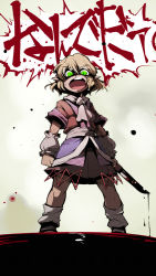 Rule 34 | 1girl, ario, arm warmers, blonde hair, blood, female focus, green eyes, knife, mizuhashi parsee, pointy ears, profanity, scarf, short hair, solo, touhou, translation request