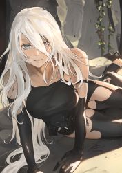 Rule 34 | 1girl, android, arm support, armlet, bare shoulders, black gloves, black shorts, black tank top, blue eyes, breasts, debris, fadingz, gloves, hair between eyes, highres, joints, large breasts, long hair, looking at viewer, mole, mole under mouth, nier:automata, nier (series), outdoors, pink lips, plant, robot joints, rubble, shorts, sitting, solo, tank top, thighs, toes, vines, white hair, a2 (nier:automata)